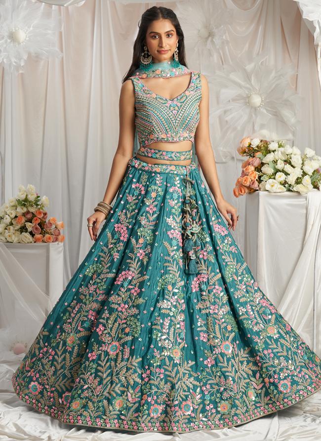 Poly Georgette Teal Wedding Wear Sequins Work Lehenga Choli